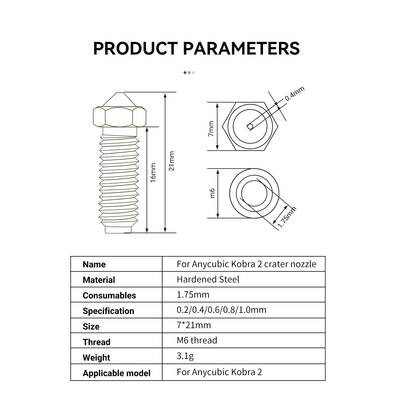Anycubic Kobra 2 0.4mm Sertleştirilmiş Çelik Volcano Nozzle - 1.75mm