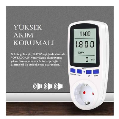 Dijital Wattmetre - Priz Tipi - Elektrik Tüketimi Ölçer - 220V-16A